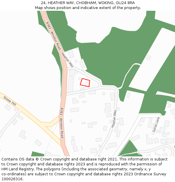 24, HEATHER WAY, CHOBHAM, WOKING, GU24 8RA: Location map and indicative extent of plot