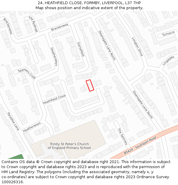 24, HEATHFIELD CLOSE, FORMBY, LIVERPOOL, L37 7HP: Location map and indicative extent of plot