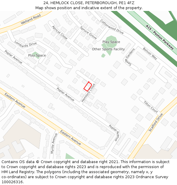 24, HEMLOCK CLOSE, PETERBOROUGH, PE1 4FZ: Location map and indicative extent of plot