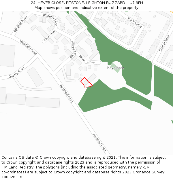 24, HEVER CLOSE, PITSTONE, LEIGHTON BUZZARD, LU7 9FH: Location map and indicative extent of plot