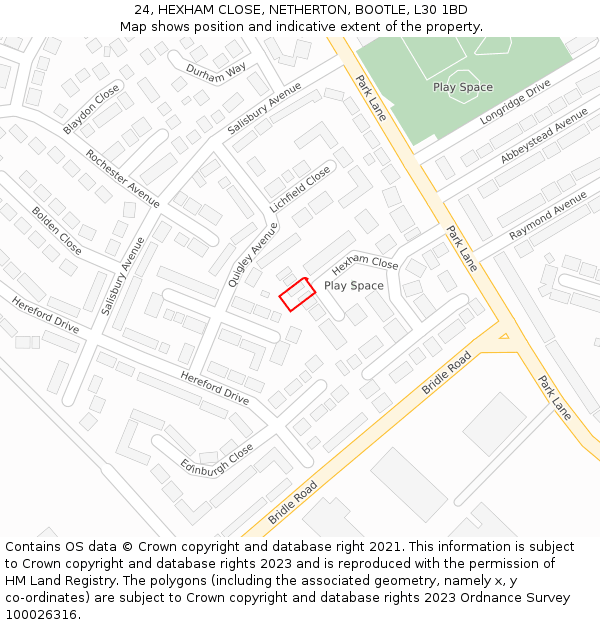 24, HEXHAM CLOSE, NETHERTON, BOOTLE, L30 1BD: Location map and indicative extent of plot