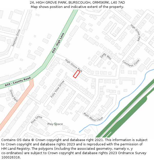 24, HIGH GROVE PARK, BURSCOUGH, ORMSKIRK, L40 7AD: Location map and indicative extent of plot