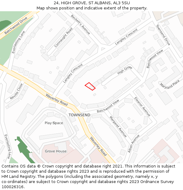24, HIGH GROVE, ST ALBANS, AL3 5SU: Location map and indicative extent of plot