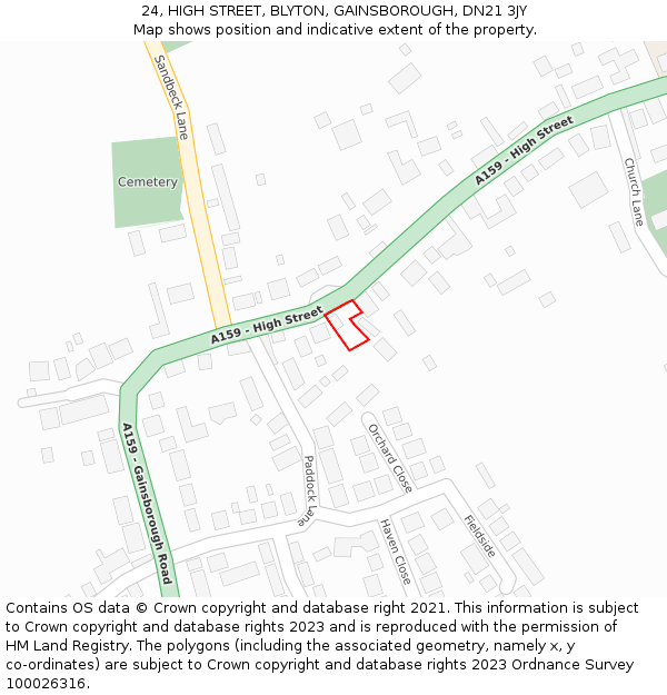 24, HIGH STREET, BLYTON, GAINSBOROUGH, DN21 3JY: Location map and indicative extent of plot