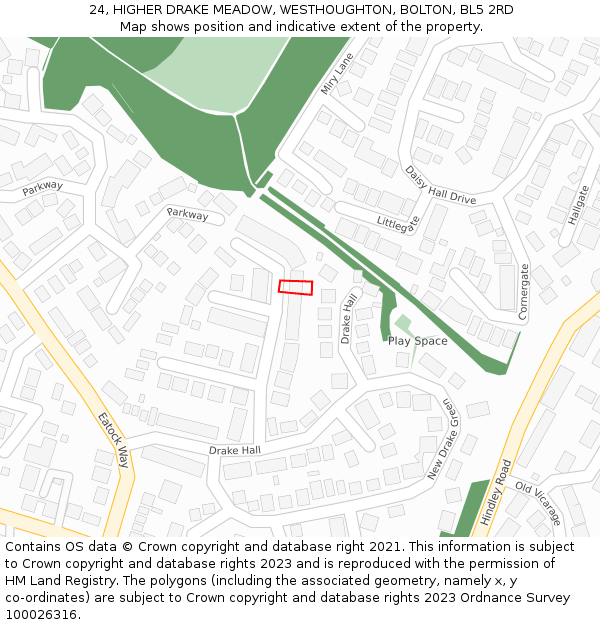 24, HIGHER DRAKE MEADOW, WESTHOUGHTON, BOLTON, BL5 2RD: Location map and indicative extent of plot