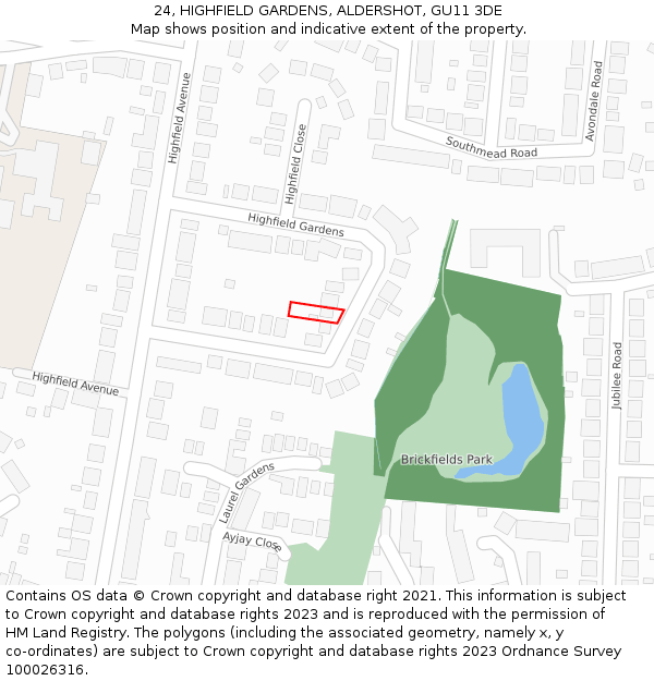 24, HIGHFIELD GARDENS, ALDERSHOT, GU11 3DE: Location map and indicative extent of plot