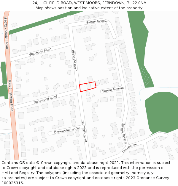 24, HIGHFIELD ROAD, WEST MOORS, FERNDOWN, BH22 0NA: Location map and indicative extent of plot