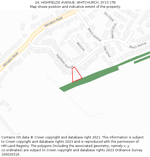 24, HIGHFIELDS AVENUE, WHITCHURCH, SY13 1TB: Location map and indicative extent of plot