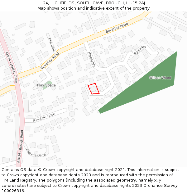 24, HIGHFIELDS, SOUTH CAVE, BROUGH, HU15 2AJ: Location map and indicative extent of plot