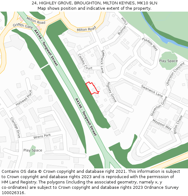 24, HIGHLEY GROVE, BROUGHTON, MILTON KEYNES, MK10 9LN: Location map and indicative extent of plot