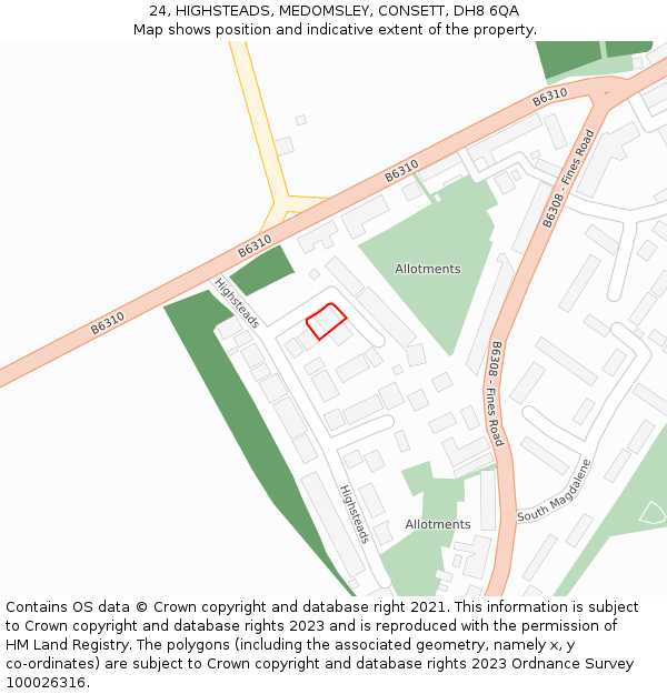 24, HIGHSTEADS, MEDOMSLEY, CONSETT, DH8 6QA: Location map and indicative extent of plot