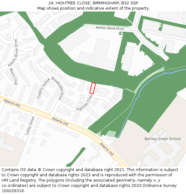 24, HIGHTREE CLOSE, BIRMINGHAM, B32 3QP: Location map and indicative extent of plot