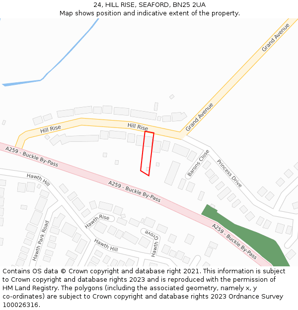 24, HILL RISE, SEAFORD, BN25 2UA: Location map and indicative extent of plot