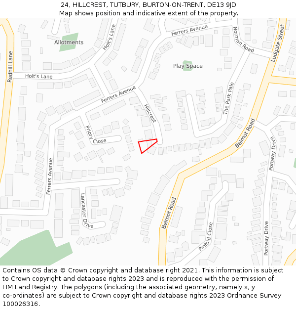 24, HILLCREST, TUTBURY, BURTON-ON-TRENT, DE13 9JD: Location map and indicative extent of plot