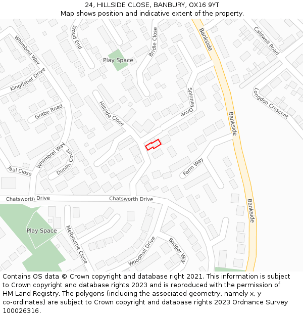 24, HILLSIDE CLOSE, BANBURY, OX16 9YT: Location map and indicative extent of plot