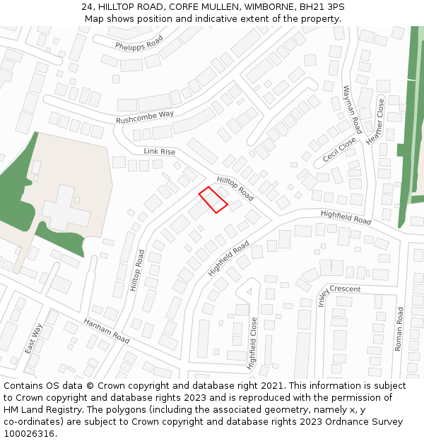 24, HILLTOP ROAD, CORFE MULLEN, WIMBORNE, BH21 3PS: Location map and indicative extent of plot