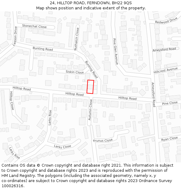 24, HILLTOP ROAD, FERNDOWN, BH22 9QS: Location map and indicative extent of plot