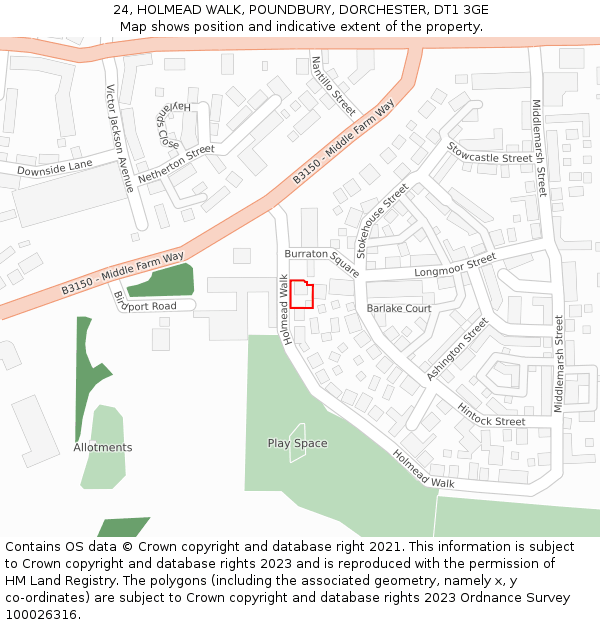 24, HOLMEAD WALK, POUNDBURY, DORCHESTER, DT1 3GE: Location map and indicative extent of plot