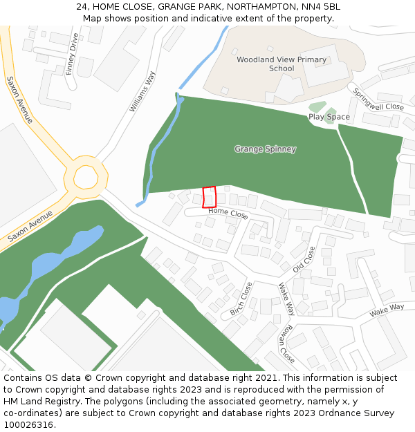 24, HOME CLOSE, GRANGE PARK, NORTHAMPTON, NN4 5BL: Location map and indicative extent of plot