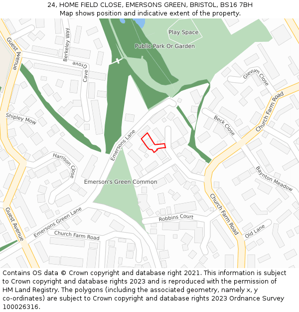 24, HOME FIELD CLOSE, EMERSONS GREEN, BRISTOL, BS16 7BH: Location map and indicative extent of plot