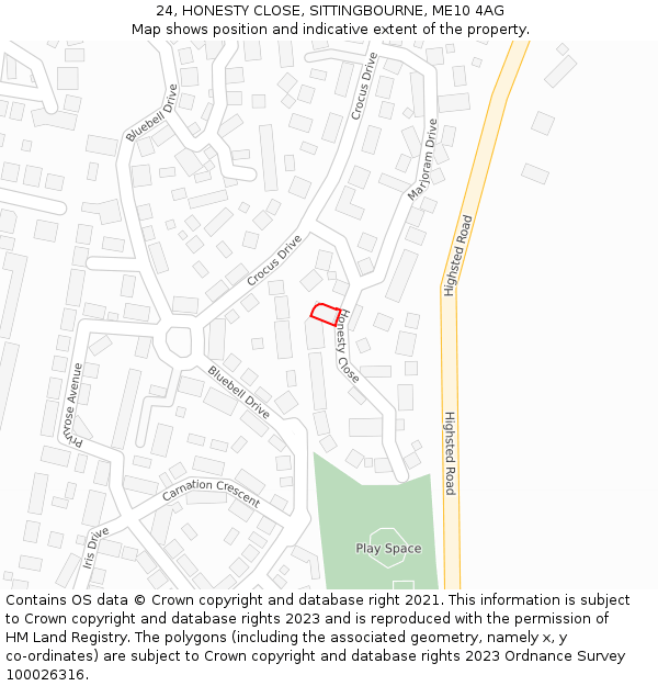 24, HONESTY CLOSE, SITTINGBOURNE, ME10 4AG: Location map and indicative extent of plot