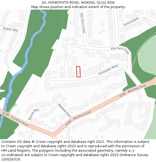24, HONEYPOTS ROAD, WOKING, GU22 9QW: Location map and indicative extent of plot