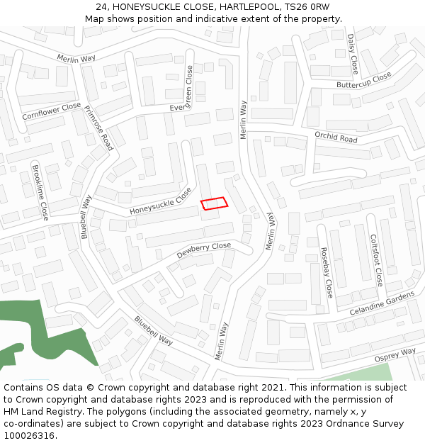 24, HONEYSUCKLE CLOSE, HARTLEPOOL, TS26 0RW: Location map and indicative extent of plot