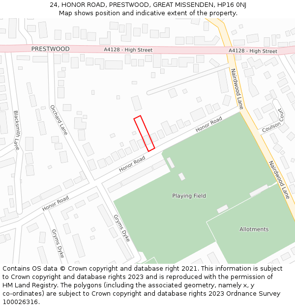 24, HONOR ROAD, PRESTWOOD, GREAT MISSENDEN, HP16 0NJ: Location map and indicative extent of plot