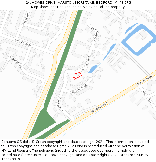 24, HOWES DRIVE, MARSTON MORETAINE, BEDFORD, MK43 0FG: Location map and indicative extent of plot