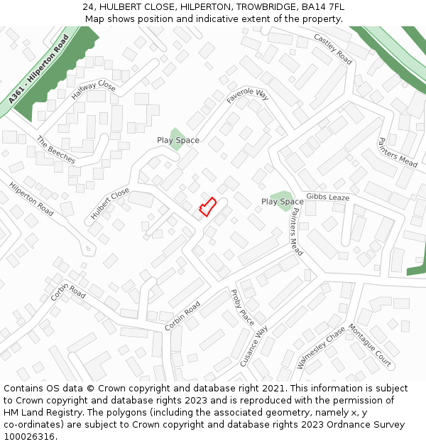 24, HULBERT CLOSE, HILPERTON, TROWBRIDGE, BA14 7FL: Location map and indicative extent of plot