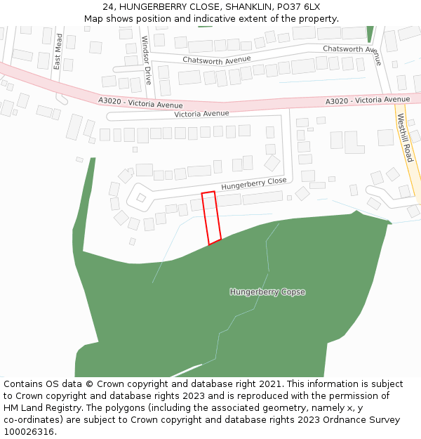 24, HUNGERBERRY CLOSE, SHANKLIN, PO37 6LX: Location map and indicative extent of plot