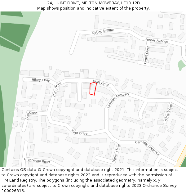 24, HUNT DRIVE, MELTON MOWBRAY, LE13 1PB: Location map and indicative extent of plot