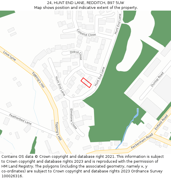 24, HUNT END LANE, REDDITCH, B97 5UW: Location map and indicative extent of plot