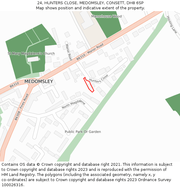 24, HUNTERS CLOSE, MEDOMSLEY, CONSETT, DH8 6SP: Location map and indicative extent of plot