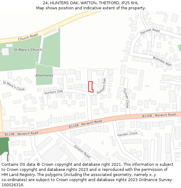 24, HUNTERS OAK, WATTON, THETFORD, IP25 6HL: Location map and indicative extent of plot