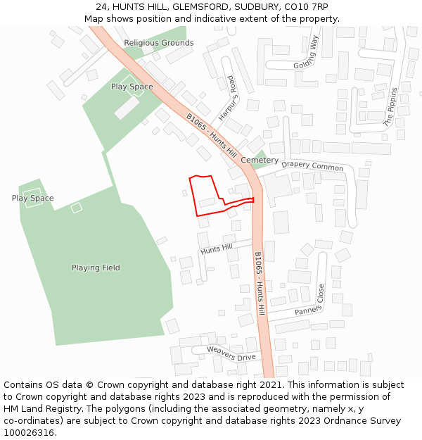 24, HUNTS HILL, GLEMSFORD, SUDBURY, CO10 7RP: Location map and indicative extent of plot