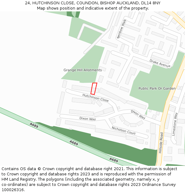 24, HUTCHINSON CLOSE, COUNDON, BISHOP AUCKLAND, DL14 8NY: Location map and indicative extent of plot