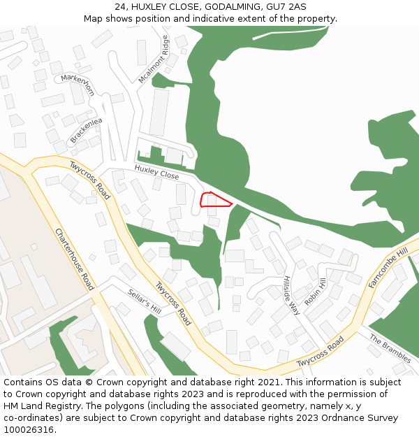 24, HUXLEY CLOSE, GODALMING, GU7 2AS: Location map and indicative extent of plot