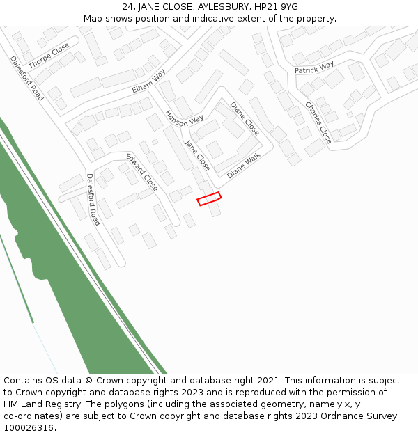 24, JANE CLOSE, AYLESBURY, HP21 9YG: Location map and indicative extent of plot