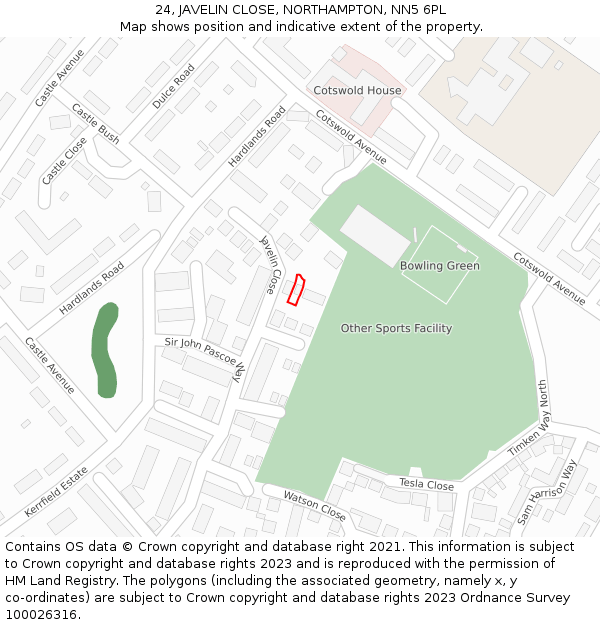 24, JAVELIN CLOSE, NORTHAMPTON, NN5 6PL: Location map and indicative extent of plot