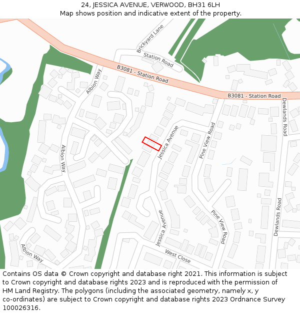 24, JESSICA AVENUE, VERWOOD, BH31 6LH: Location map and indicative extent of plot