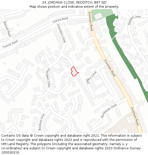 24, JORDANS CLOSE, REDDITCH, B97 5JD: Location map and indicative extent of plot