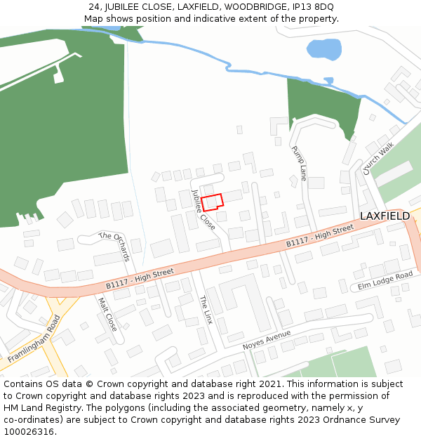 24, JUBILEE CLOSE, LAXFIELD, WOODBRIDGE, IP13 8DQ: Location map and indicative extent of plot