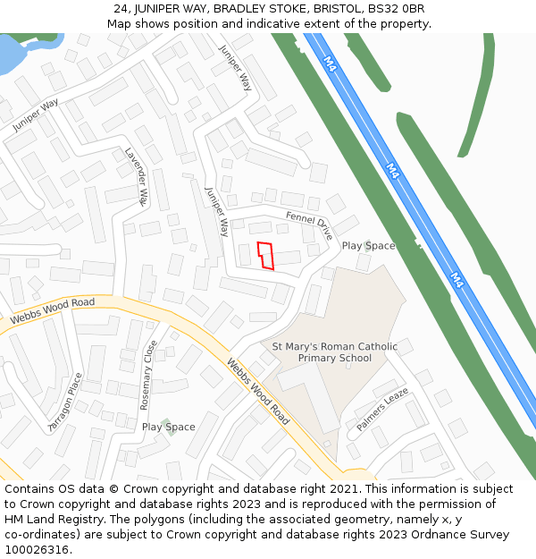24, JUNIPER WAY, BRADLEY STOKE, BRISTOL, BS32 0BR: Location map and indicative extent of plot