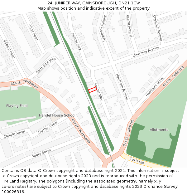 24, JUNIPER WAY, GAINSBOROUGH, DN21 1GW: Location map and indicative extent of plot