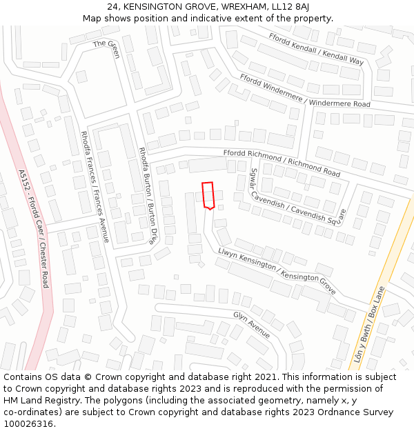 24, KENSINGTON GROVE, WREXHAM, LL12 8AJ: Location map and indicative extent of plot