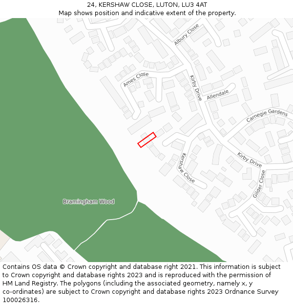 24, KERSHAW CLOSE, LUTON, LU3 4AT: Location map and indicative extent of plot