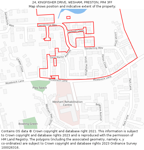 24, KINGFISHER DRIVE, WESHAM, PRESTON, PR4 3FF: Location map and indicative extent of plot