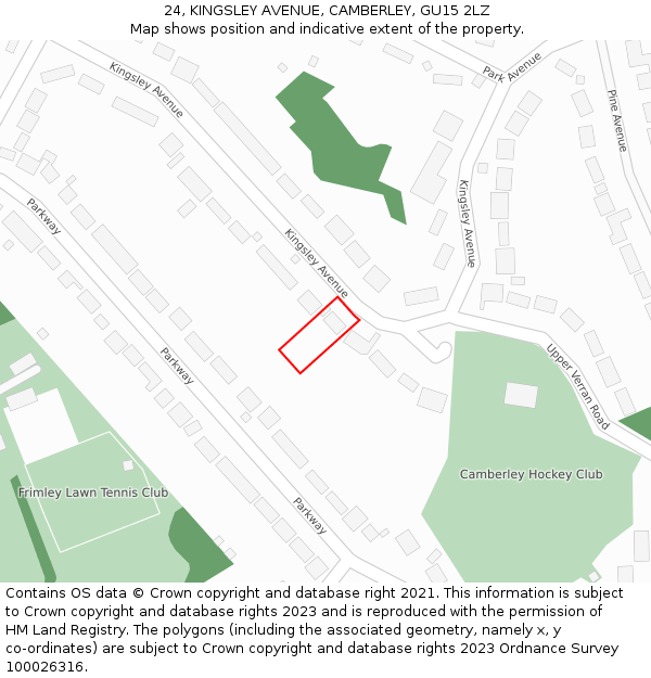 24, KINGSLEY AVENUE, CAMBERLEY, GU15 2LZ: Location map and indicative extent of plot