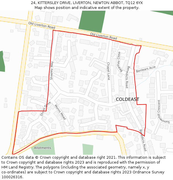 24, KITTERSLEY DRIVE, LIVERTON, NEWTON ABBOT, TQ12 6YX: Location map and indicative extent of plot